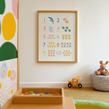 Engaging and educational art print featuring sea animals with corresponding numbers – fun and interactive counting illustration for kids' rooms, perfect for learning numbers