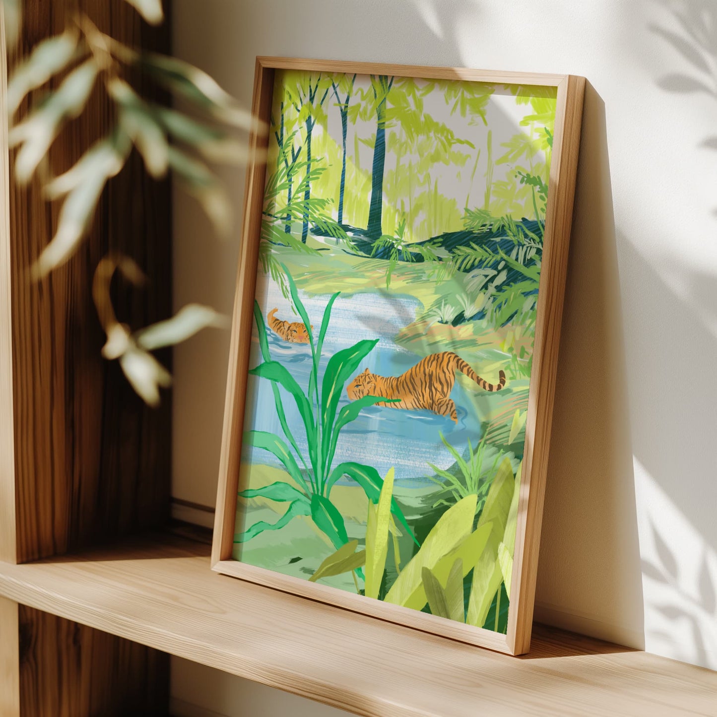 Peaceful jungle scene with big cats and vibrant greenery, perfect for nature lovers.