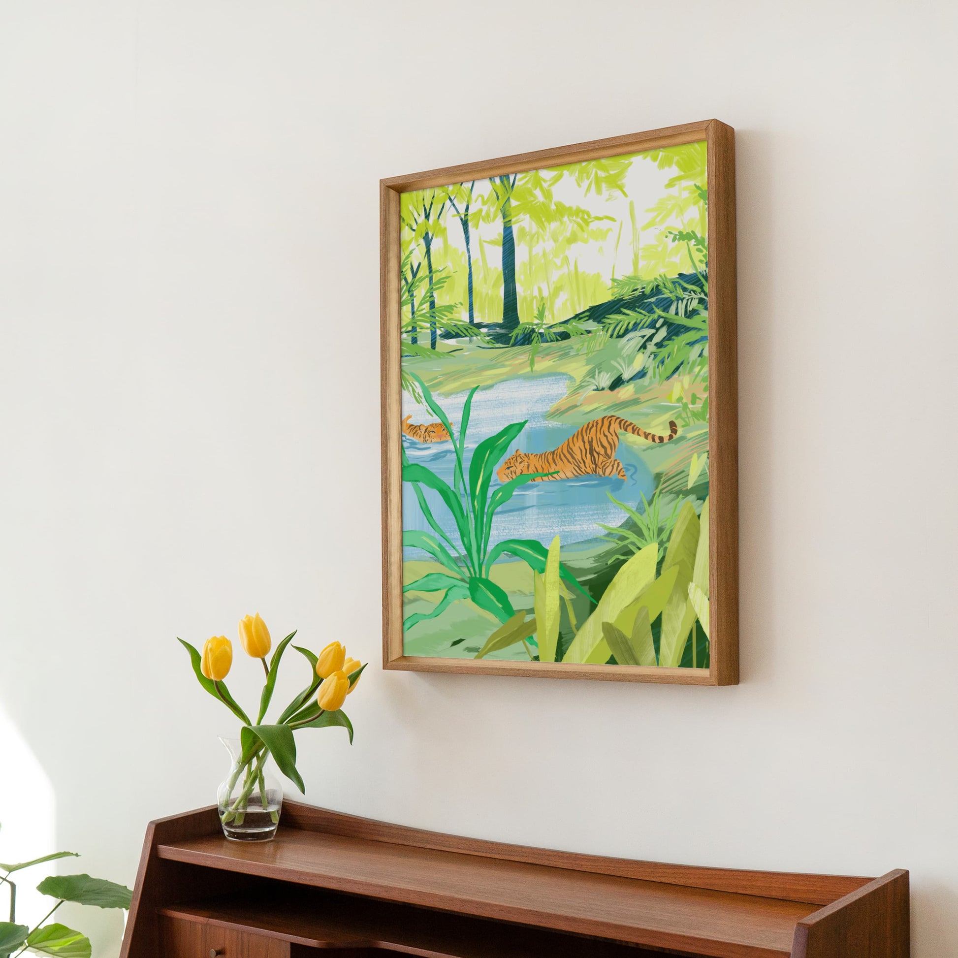Serene wildlife art print featuring two tigers lounging in water deep in a tropical jungle.