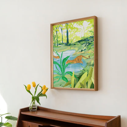Serene wildlife art print featuring two tigers lounging in water deep in a tropical jungle.