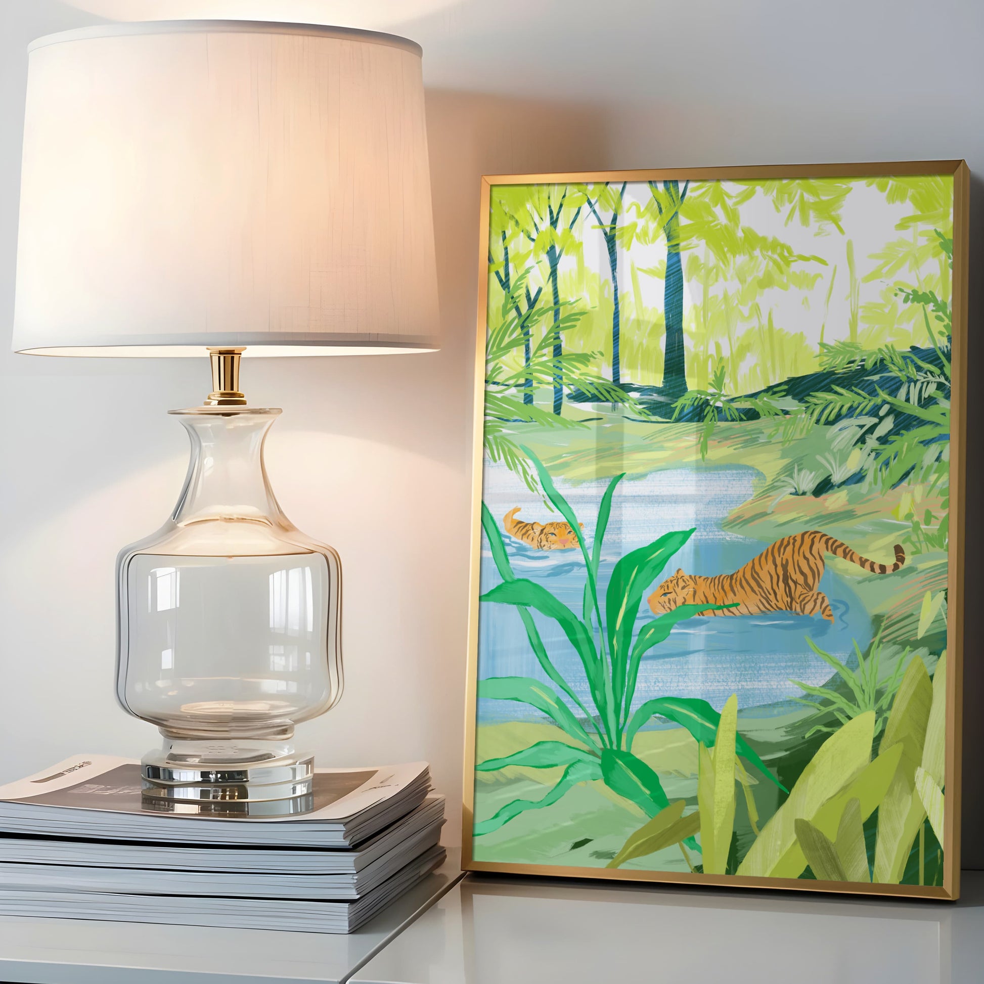 Peaceful jungle scene with big cats and vibrant greenery, perfect for nature lovers.