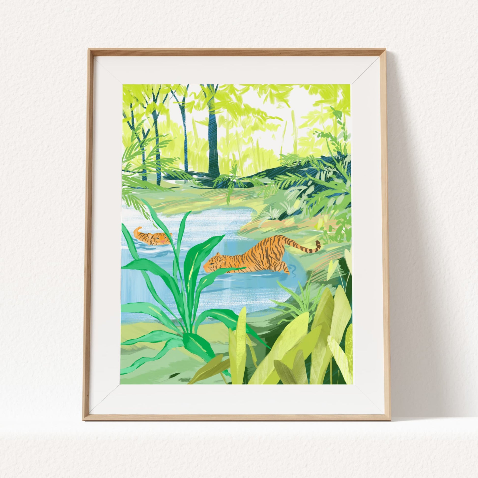 Serene wildlife art print featuring two tigers lounging in water deep in a tropical jungle.