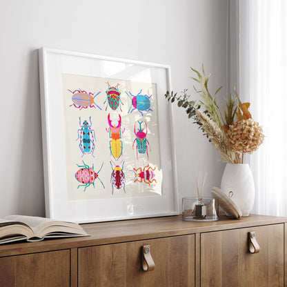 Vibrant illustration of a collection of beetles inspired by the Science Museum in Minneapolis – colorful and intricate nature art print for modern home decor