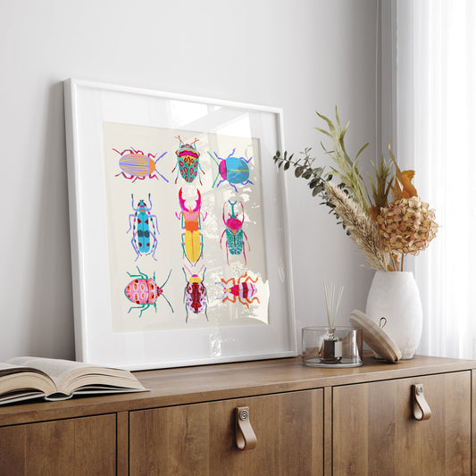 Vibrant illustration of a collection of beetles inspired by the Science Museum in Minneapolis – colorful and intricate nature art print for modern home decor