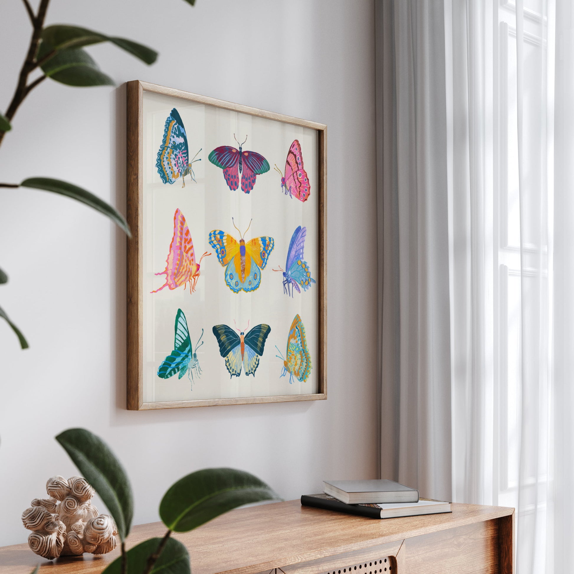 Illustration of a vibrant collection of butterflies inspired by tropical colors – lively and colorful nature art print for modern home decor
