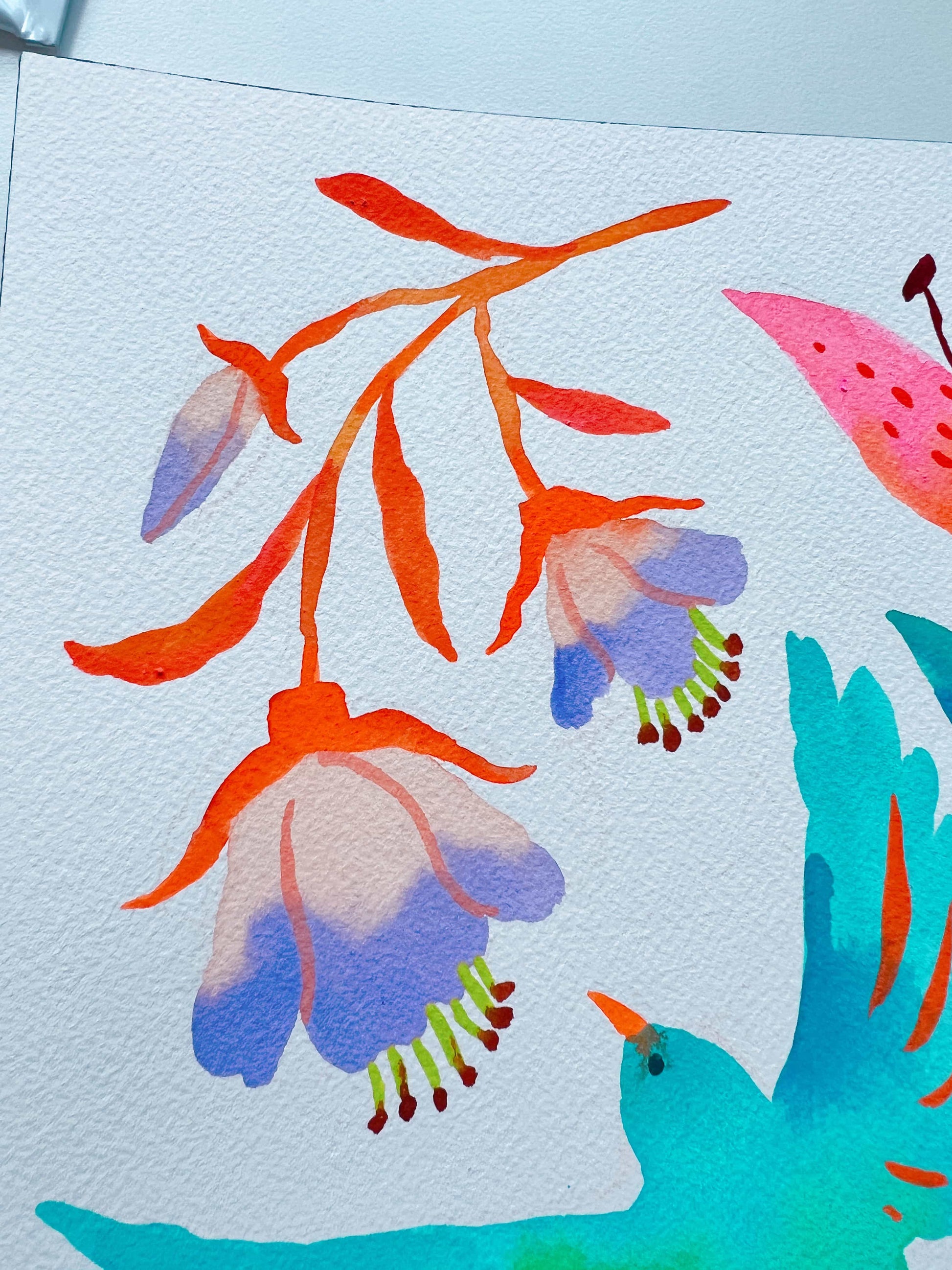 Original gouache, watercolor, and acrylic painting by Sun Lee from the 'Whispers of Spring' collection. This vibrant piece features a whimsical depiction of nature with bright flowers, butterflies, and birds, capturing the energy and beauty of spring. Perfect for nature lovers and those seeking aesthetic watercolor and gouache artwork, bringing joy and color to your space.