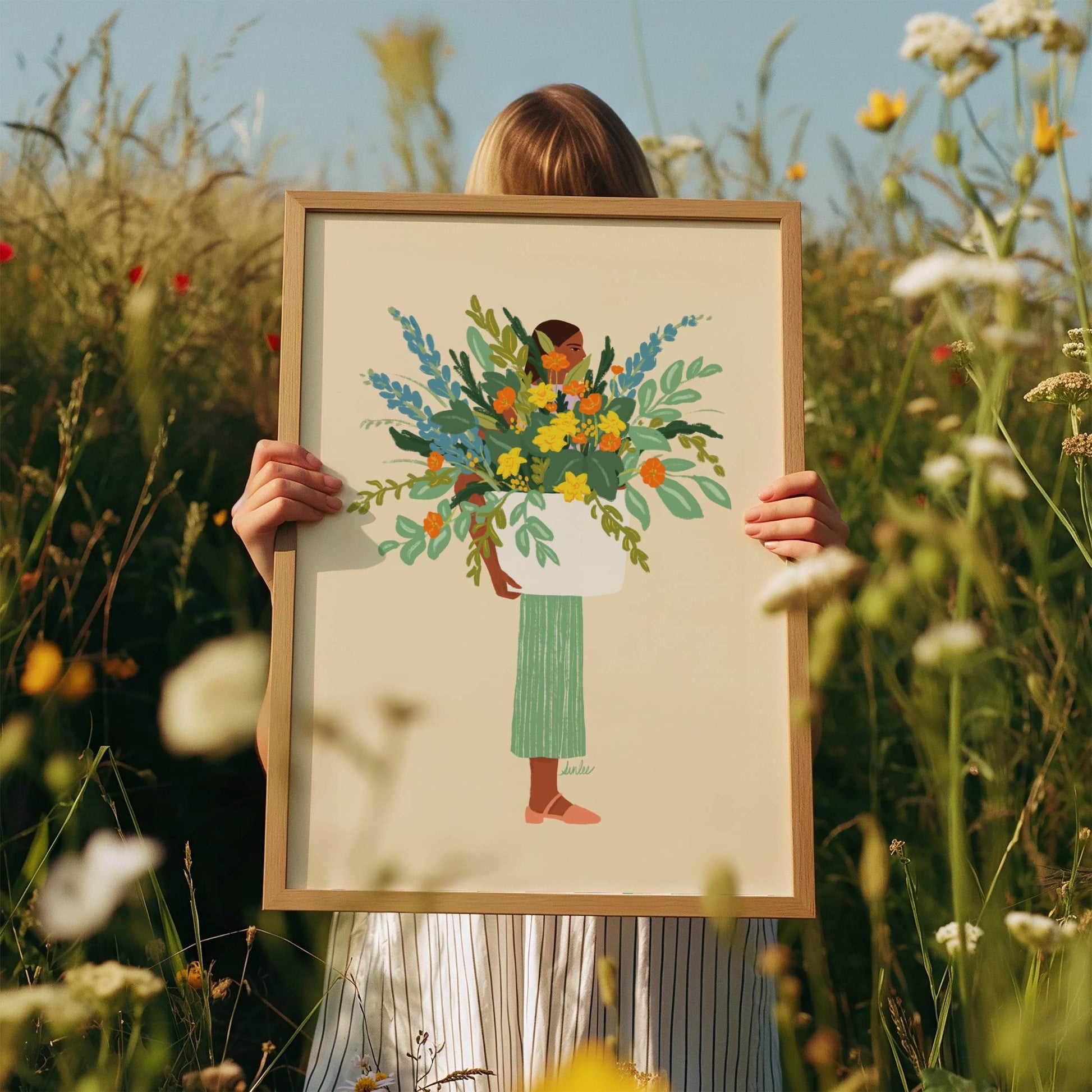 Colorful illustration of a woman holding a flower pot – bright, joyful art print that brings an uplifting atmosphere to any space