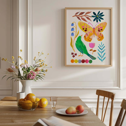 High-quality archival giclée art print by Sun Lee from the "Whispers of Spring" collection, featuring vibrant watercolor and gouache illustration of flowers, birds, and butterflies. Perfect for modern boho, Scandinavian, and nature-inspired homes, as well as eclectic and minimalist spaces. Ideal for nurseries and children's rooms, bringing color, joy, and tranquility to any space.
