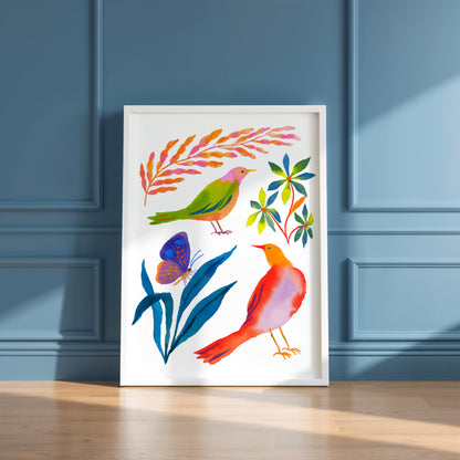 High-quality giclée print by Sun Lee from the "Whispers of Spring" collection, featuring vibrant watercolor and gouache painting of flowers, birds, butterflies, and insects. This aesthetic watercolor artwork brings color, joy, and tranquility to any space. Ideal for modern boho, Scandinavian, nature-inspired, eclectic, and minimalist homes—perfect for nurseries and children's rooms.


