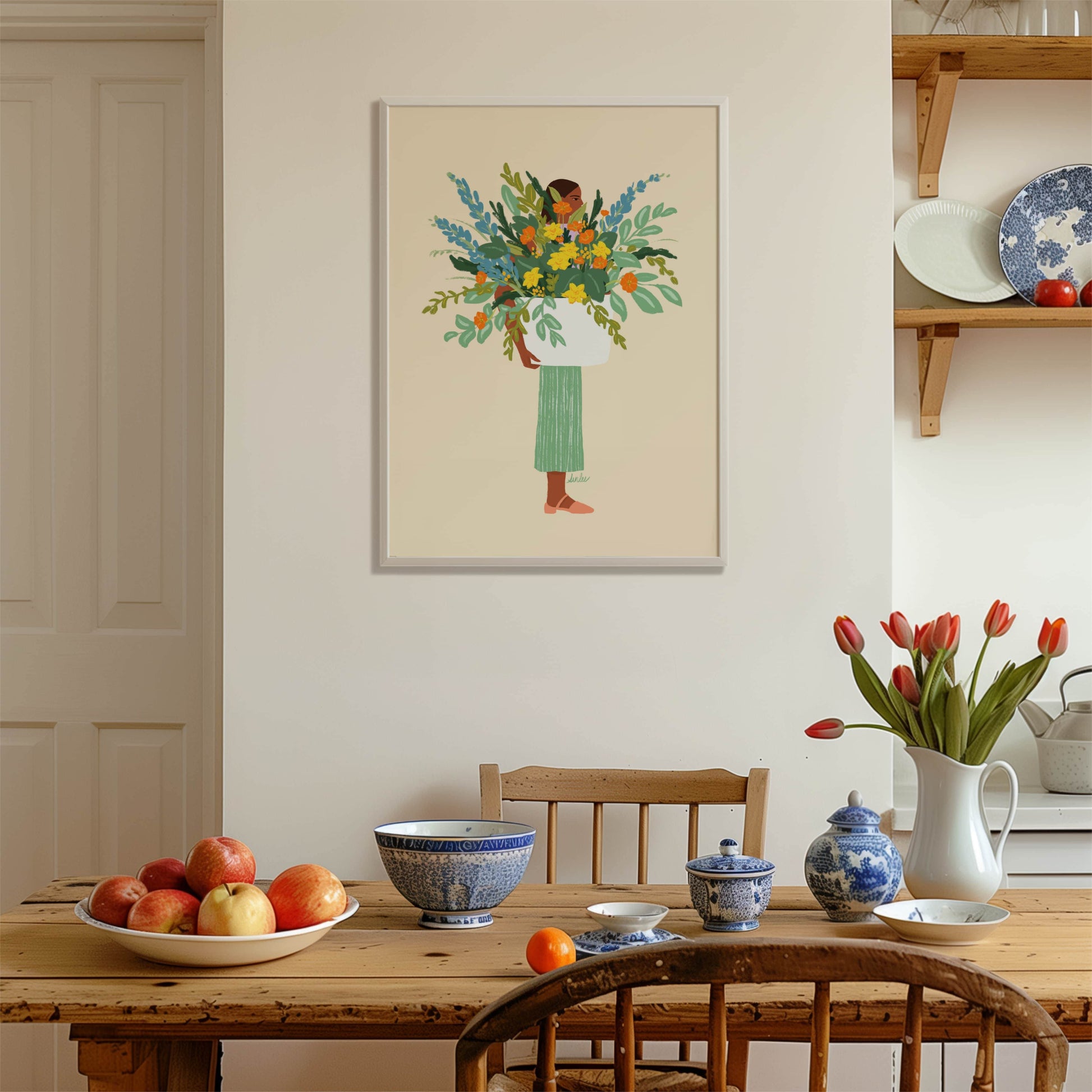 Colorful illustration of a woman holding a flower pot – bright, joyful art print that brings an uplifting atmosphere to any space