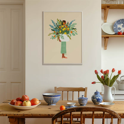 Colorful illustration of a woman holding a flower pot – bright, joyful art print that brings an uplifting atmosphere to any space