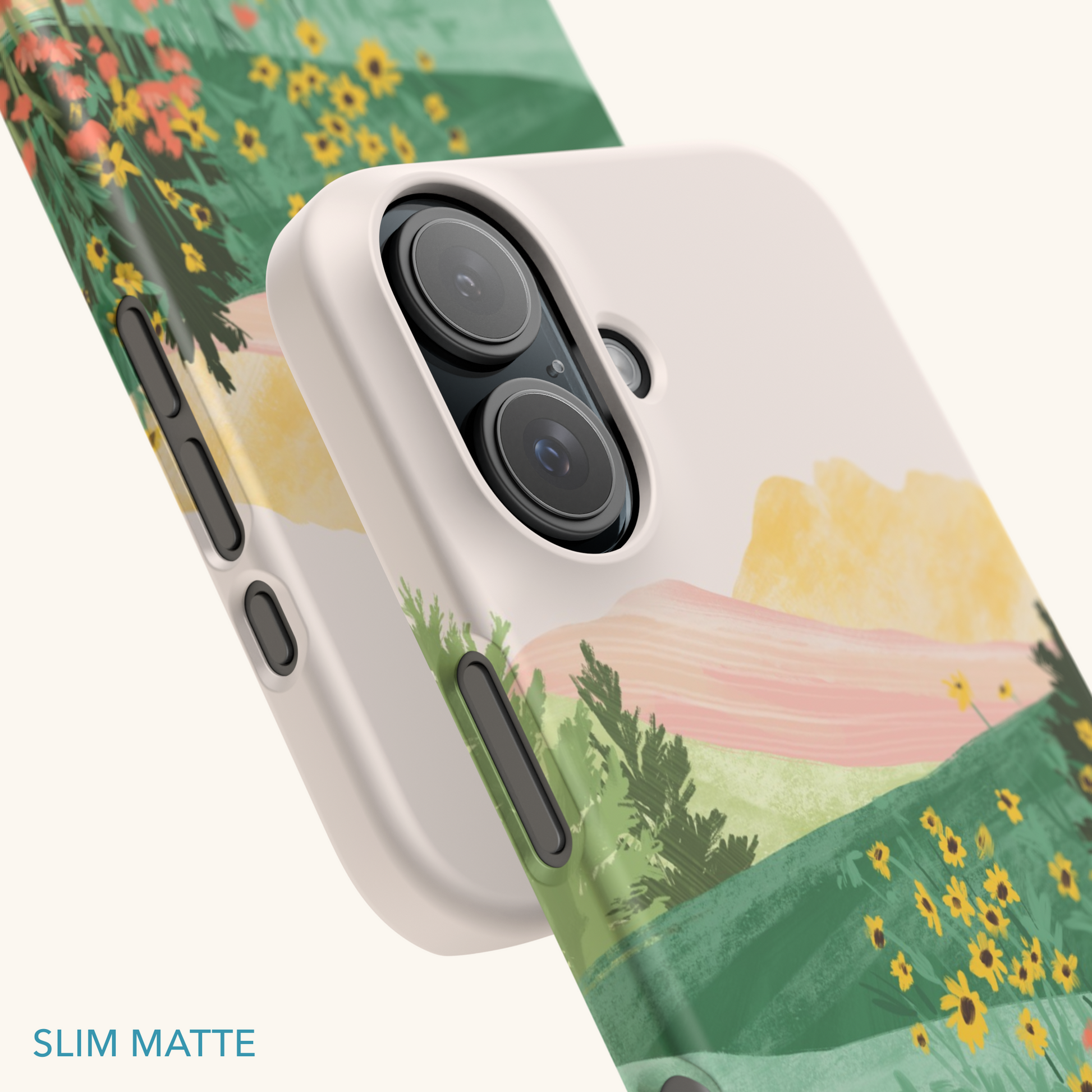 Phone case with a scenic design of mountains and flowers by Sun Lee