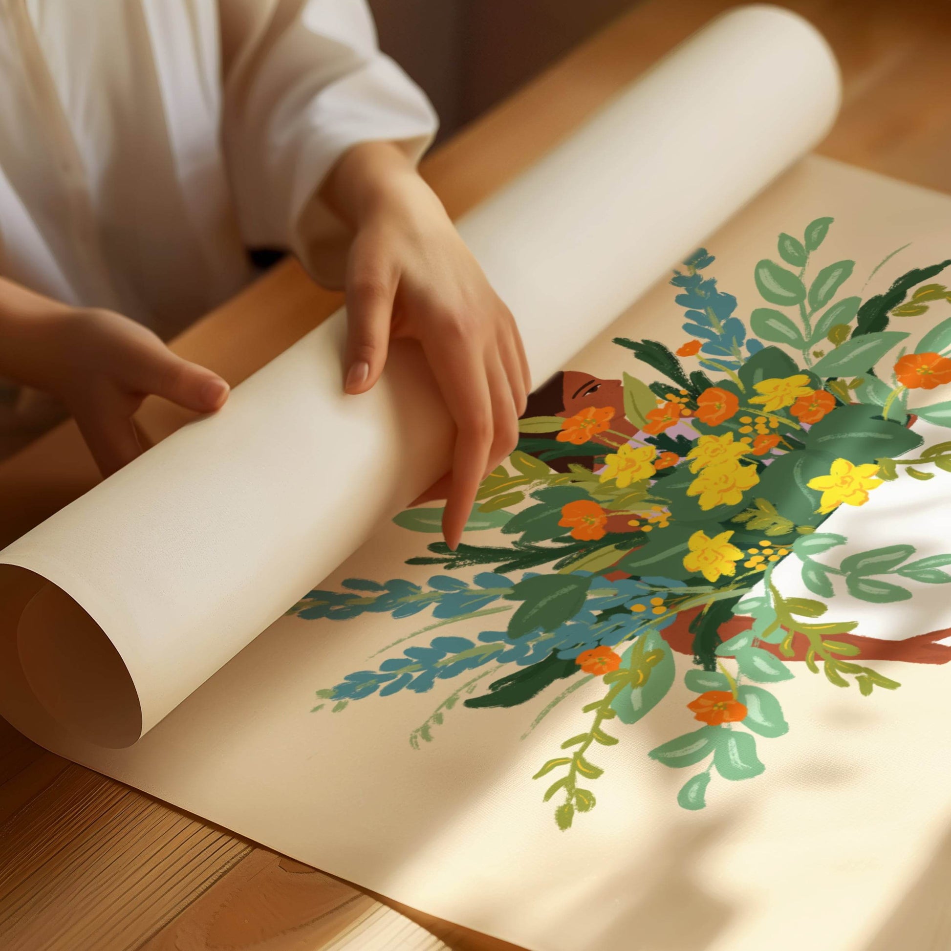 Colorful illustration of a woman holding a flower pot – bright, joyful art print that brings an uplifting atmosphere to any space