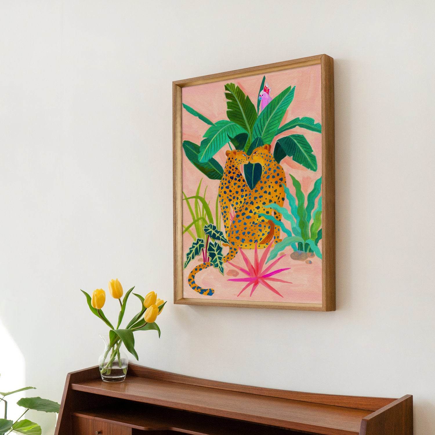 Gouache painting by artist Sun Lee features two cheetahs and tropical flora. A bold, high quality giclée print.