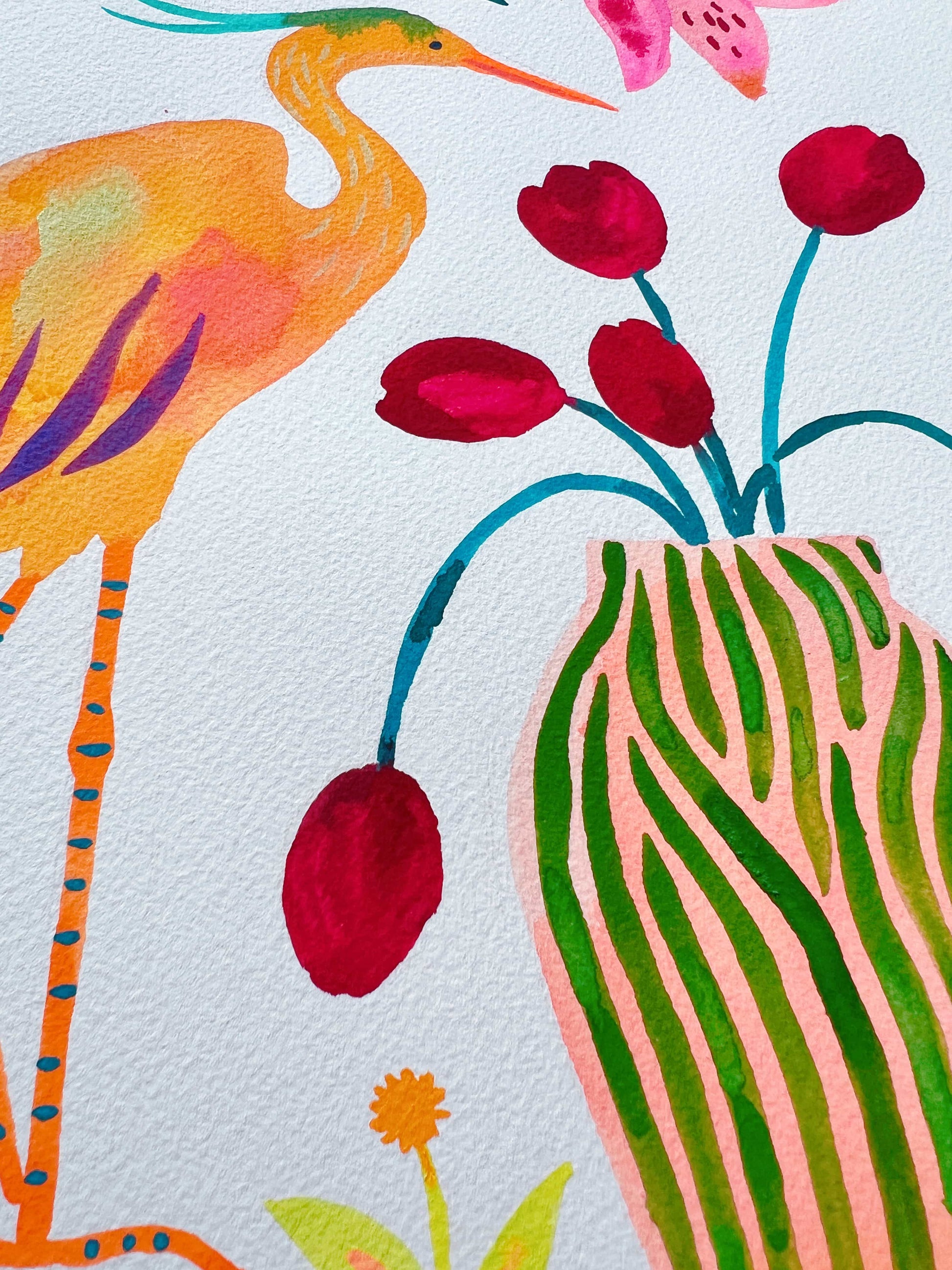 Original gouache, watercolor, and acrylic painting by Sun Lee from the 'Whispers of Spring' collection. This vibrant piece features a whimsical depiction of nature with bright flowers, butterflies, and birds, capturing the energy and beauty of spring. Perfect for nature lovers and those seeking aesthetic watercolor and gouache artwork, bringing joy and color to your space.