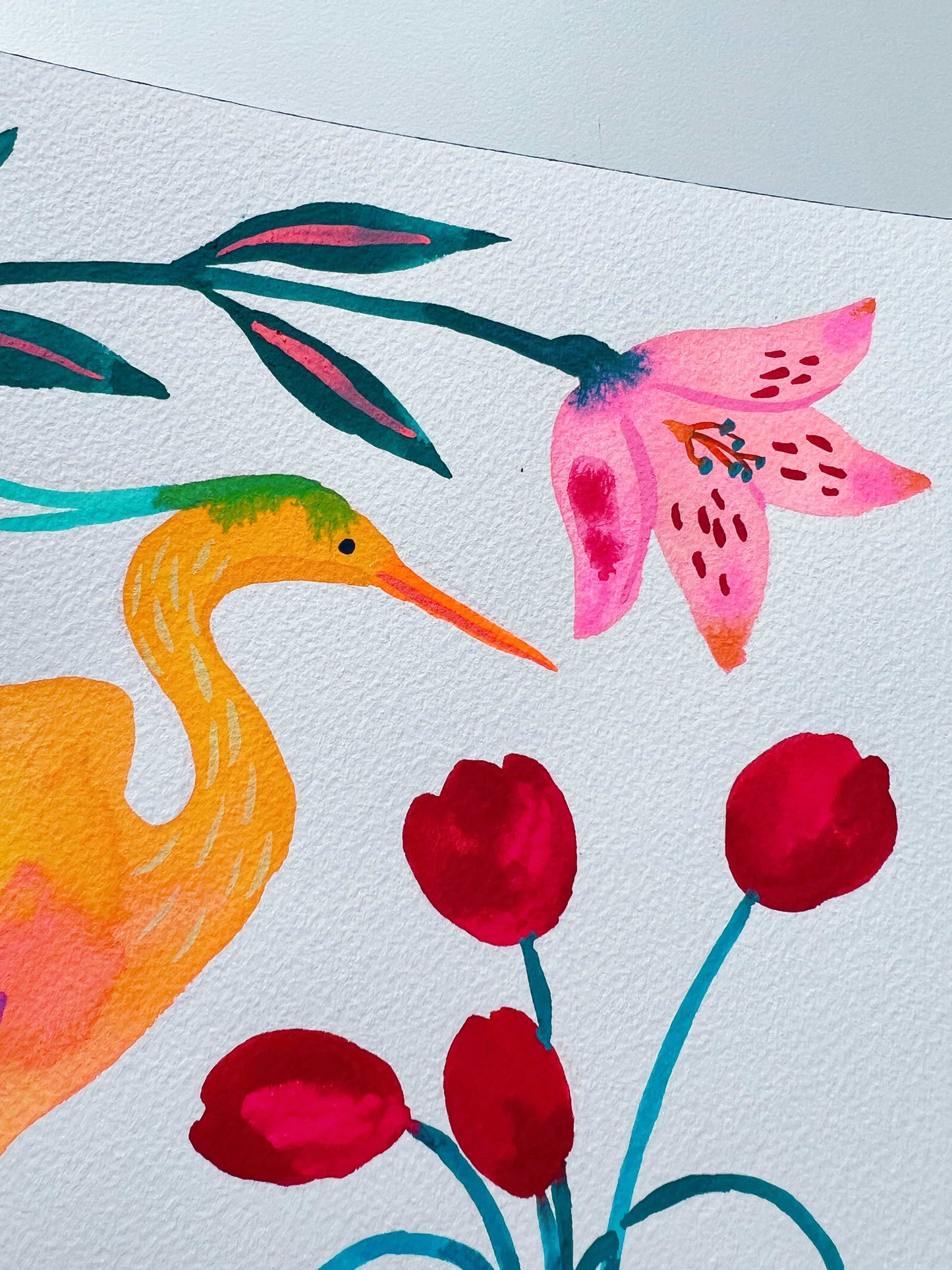 Original gouache, watercolor, and acrylic painting by Sun Lee from the 'Whispers of Spring' collection. This vibrant piece features a whimsical depiction of nature with bright flowers, butterflies, and birds, capturing the energy and beauty of spring. Perfect for nature lovers and those seeking aesthetic watercolor and gouache artwork, bringing joy and color to your space.