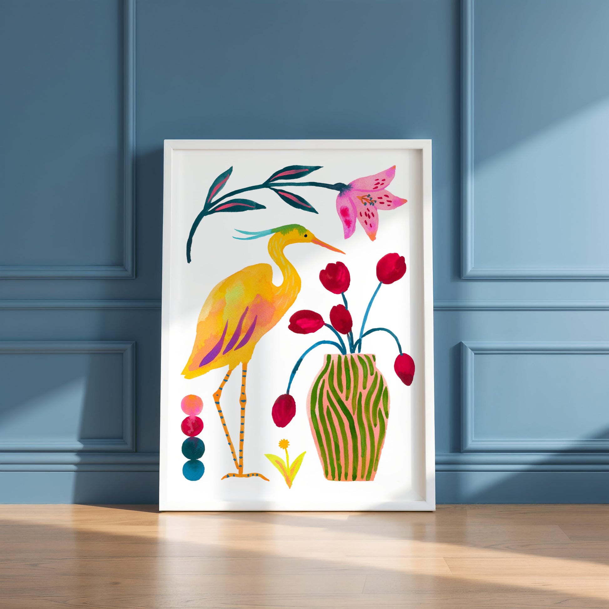 High-quality archival giclée art print by Sun Lee from the "Whispers of Spring" collection, featuring vibrant watercolor and gouache illustration of flowers, birds, and butterflies. Perfect for modern boho, Scandinavian, and nature-inspired homes, as well as eclectic and minimalist spaces. Ideal for nurseries and children's rooms, bringing color, joy, and tranquility to any space.