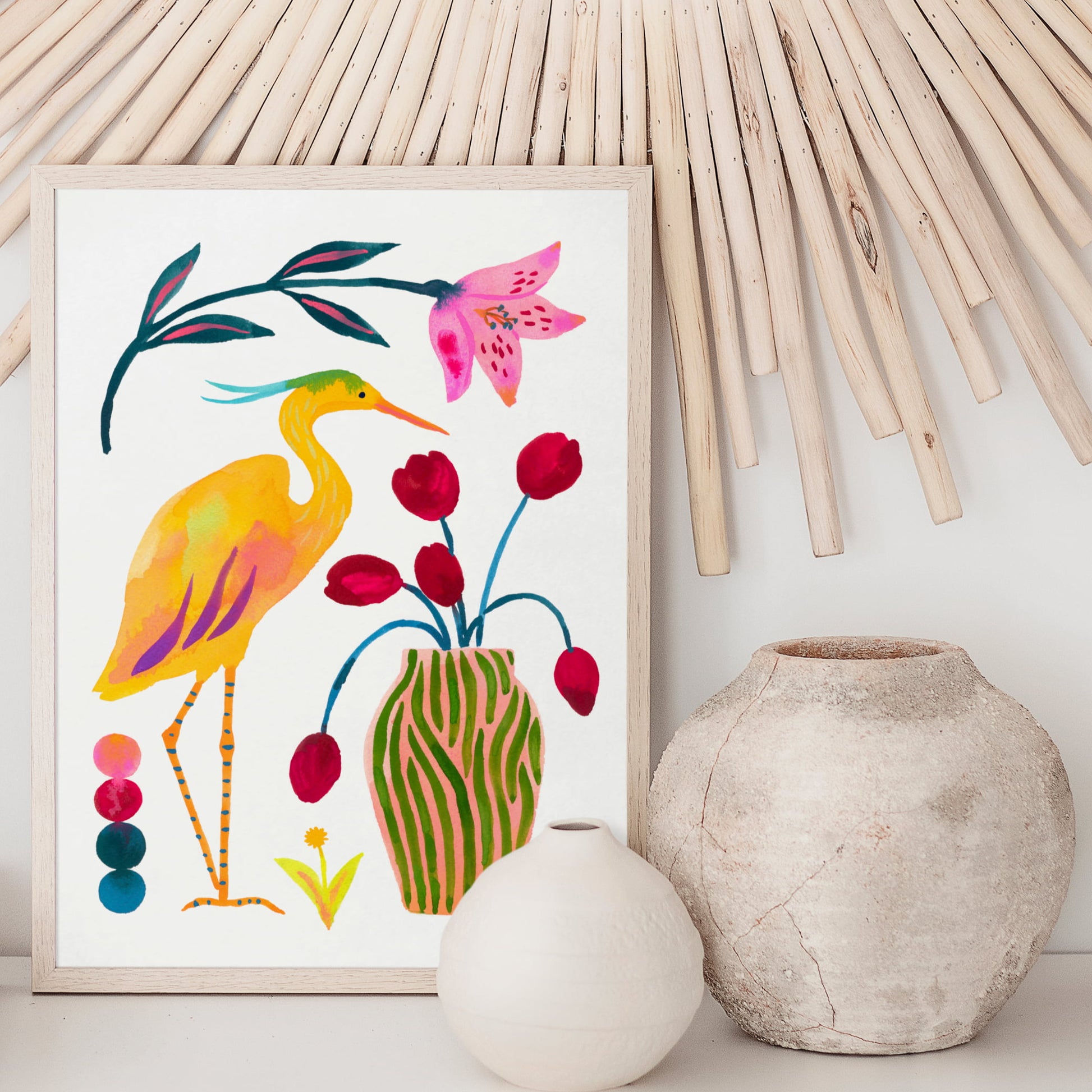 High-quality archival giclée art print by Sun Lee from the "Whispers of Spring" collection, featuring vibrant watercolor and gouache illustration of flowers, birds, and butterflies. Perfect for modern boho, Scandinavian, and nature-inspired homes, as well as eclectic and minimalist spaces. Ideal for nurseries and children's rooms, bringing color, joy, and tranquility to any space.