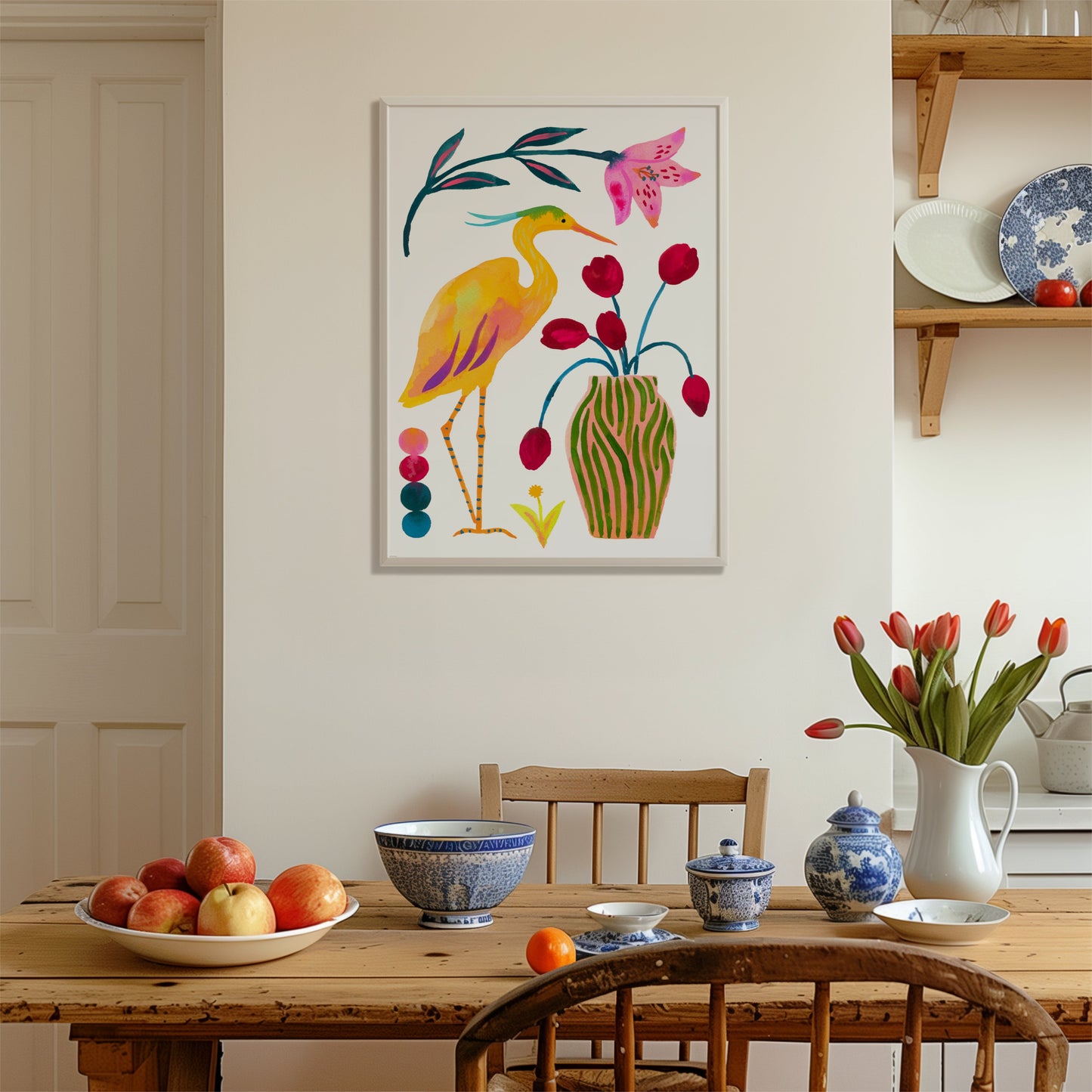 High-quality archival giclée art print by Sun Lee from the "Whispers of Spring" collection, featuring vibrant watercolor and gouache illustration of flowers, birds, and butterflies. Perfect for modern boho, Scandinavian, and nature-inspired homes, as well as eclectic and minimalist spaces. Ideal for nurseries and children's rooms, bringing color, joy, and tranquility to any space.