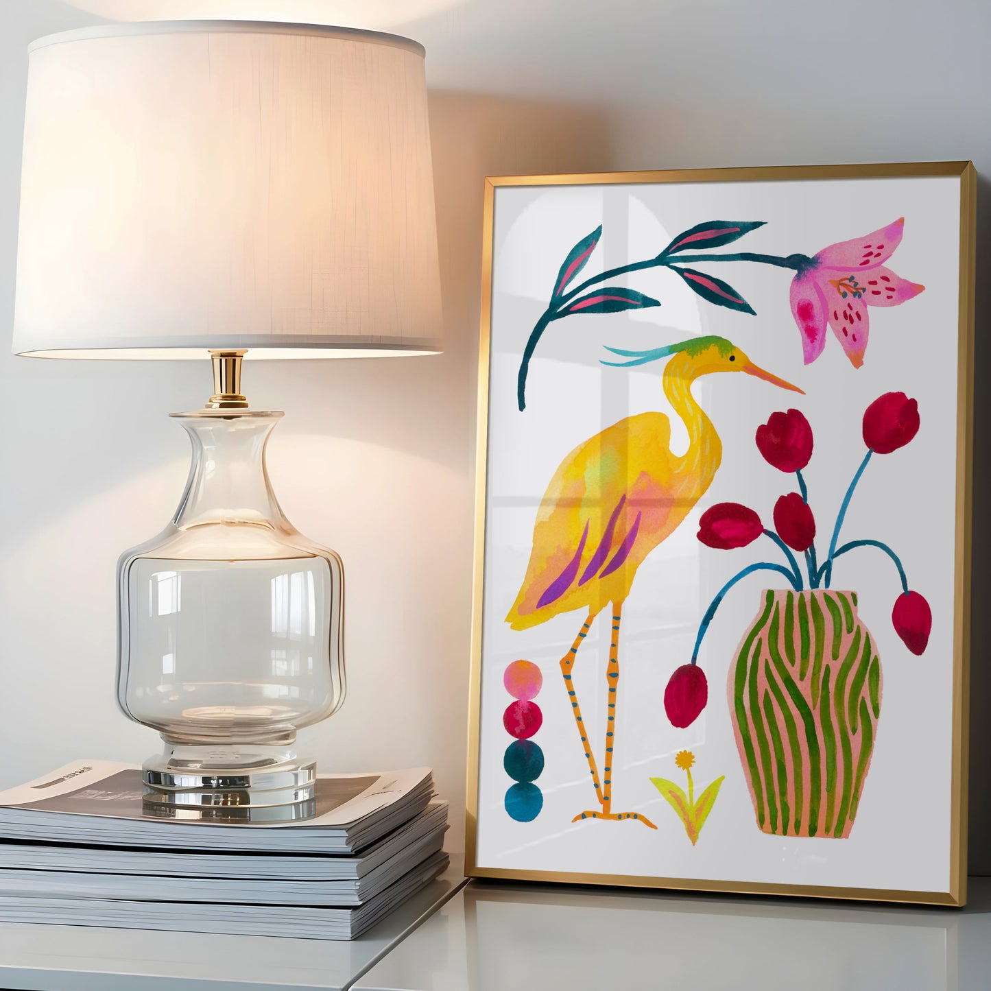 High-quality archival giclée art print by Sun Lee from the "Whispers of Spring" collection, featuring vibrant watercolor and gouache illustration of flowers, birds, and butterflies. Perfect for modern boho, Scandinavian, and nature-inspired homes, as well as eclectic and minimalist spaces. Ideal for nurseries and children's rooms, bringing color, joy, and tranquility to any space.