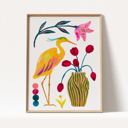 High-quality archival giclée art print by Sun Lee from the "Whispers of Spring" collection, featuring vibrant watercolor and gouache illustration of flowers, birds, and butterflies. Perfect for modern boho, Scandinavian, and nature-inspired homes, as well as eclectic and minimalist spaces. Ideal for nurseries and children's rooms, bringing color, joy, and tranquility to any space.