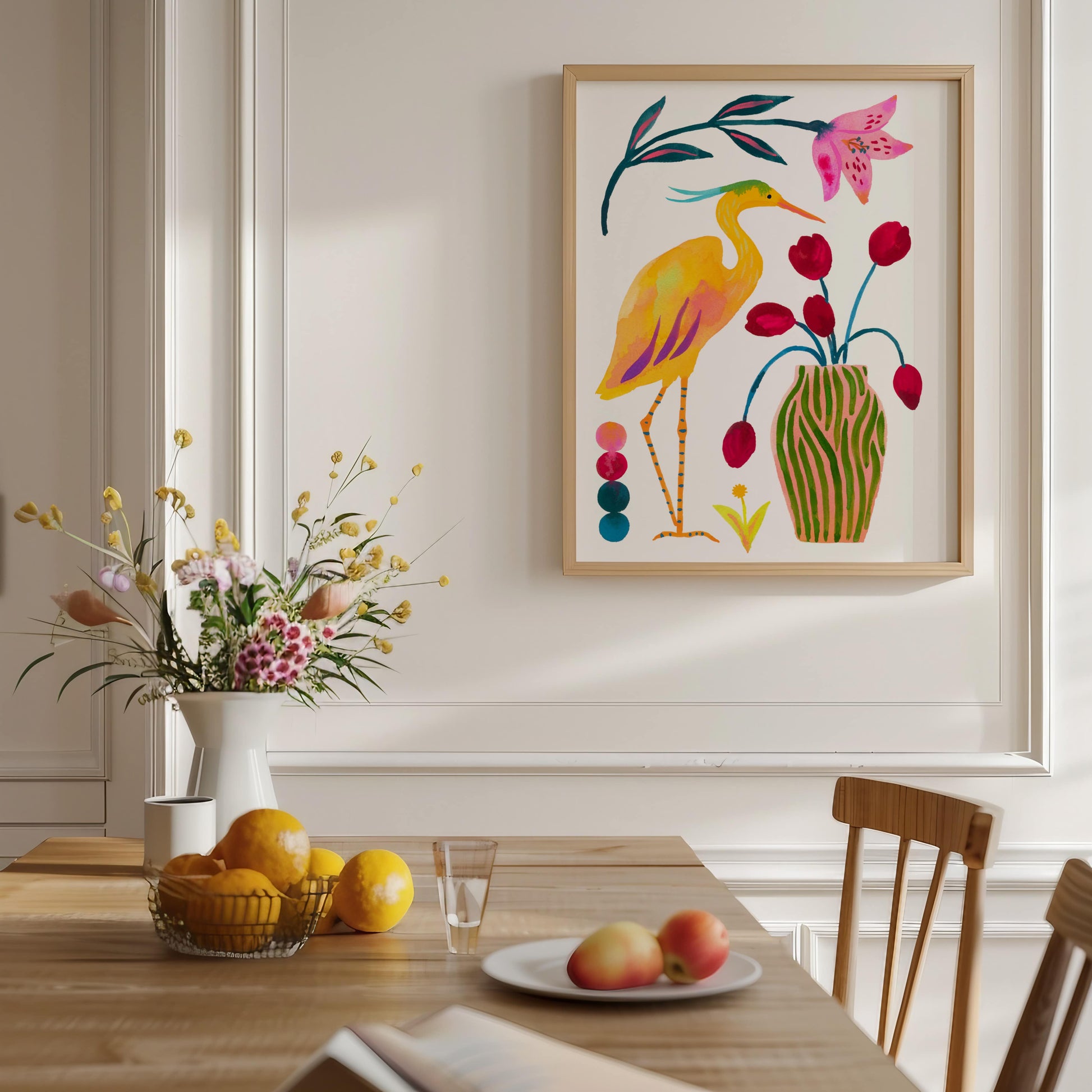 High-quality archival giclée art print by Sun Lee from the "Whispers of Spring" collection, featuring vibrant watercolor and gouache illustration of flowers, birds, and butterflies. Perfect for modern boho, Scandinavian, and nature-inspired homes, as well as eclectic and minimalist spaces. Ideal for nurseries and children's rooms, bringing color, joy, and tranquility to any space.