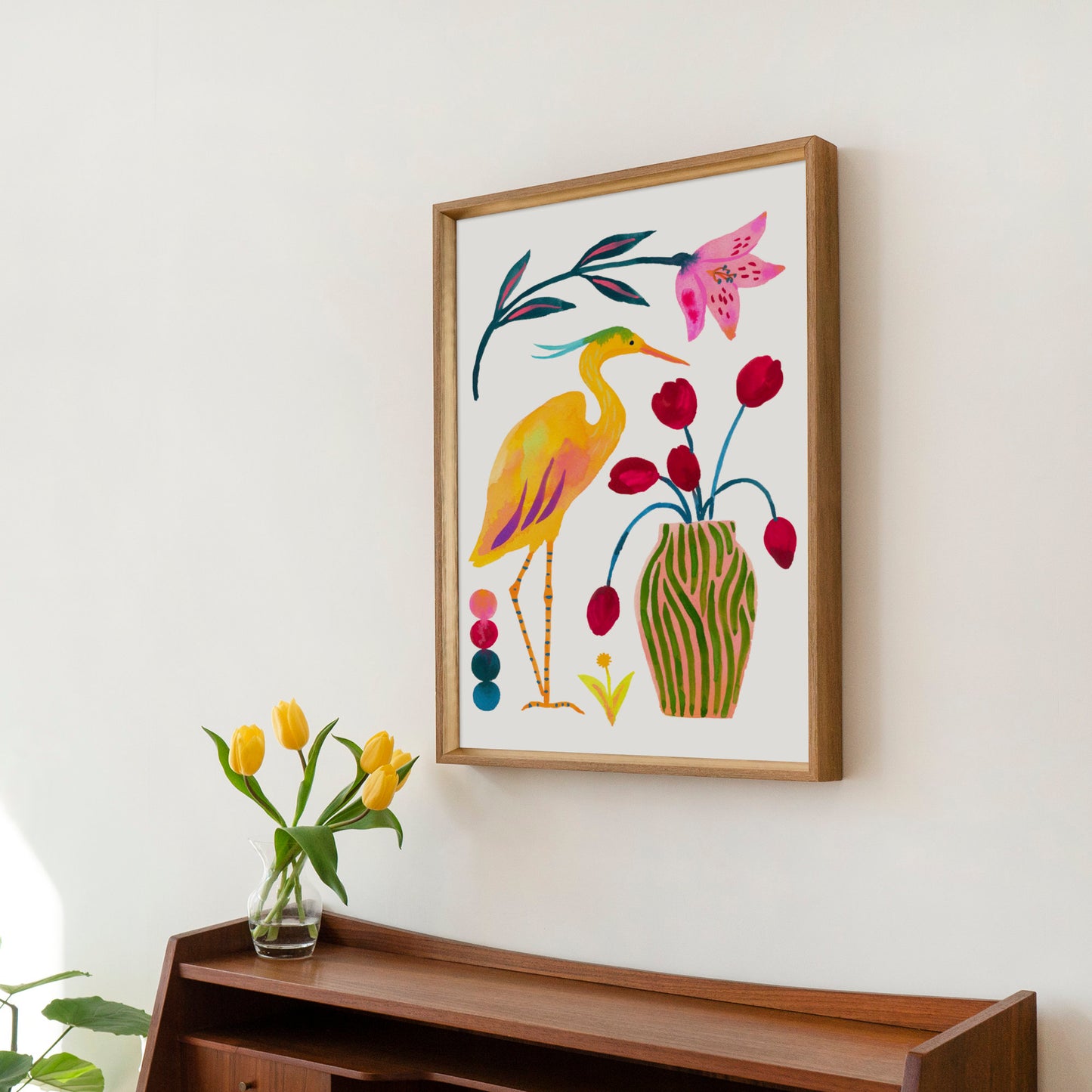 High-quality archival giclée art print by Sun Lee from the "Whispers of Spring" collection, featuring vibrant watercolor and gouache illustration of flowers, birds, and butterflies. Perfect for modern boho, Scandinavian, and nature-inspired homes, as well as eclectic and minimalist spaces. Ideal for nurseries and children's rooms, bringing color, joy, and tranquility to any space.