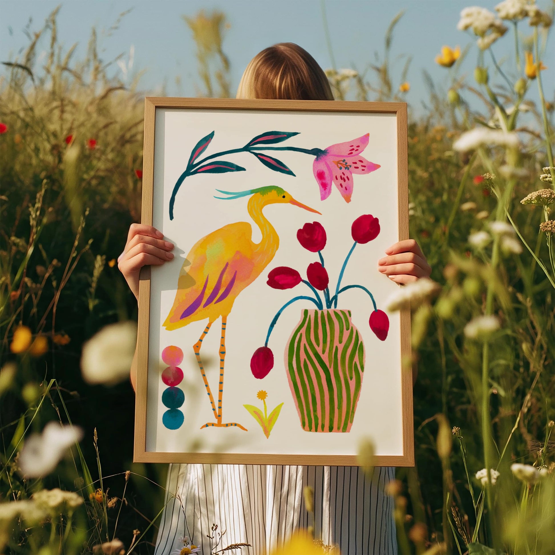 High-quality archival giclée art print by Sun Lee from the "Whispers of Spring" collection, featuring vibrant watercolor and gouache illustration of flowers, birds, and butterflies. Perfect for modern boho, Scandinavian, and nature-inspired homes, as well as eclectic and minimalist spaces. Ideal for nurseries and children's rooms, bringing color, joy, and tranquility to any space.