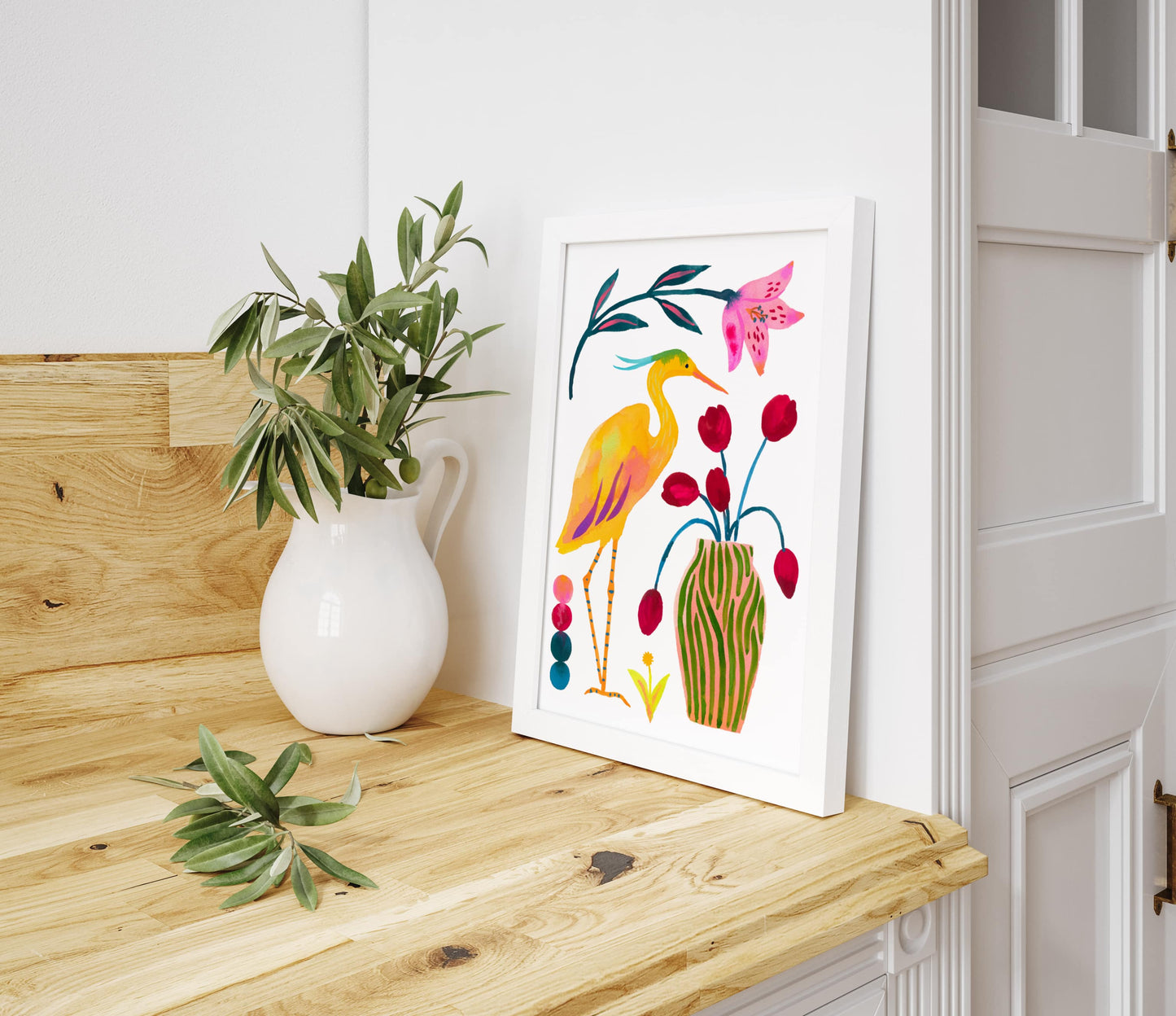 High-quality archival giclée art print by Sun Lee from the "Whispers of Spring" collection, featuring vibrant watercolor and gouache illustration of flowers, birds, and butterflies. Perfect for modern boho, Scandinavian, and nature-inspired homes, as well as eclectic and minimalist spaces. Ideal for nurseries and children's rooms, bringing color, joy, and tranquility to any space.