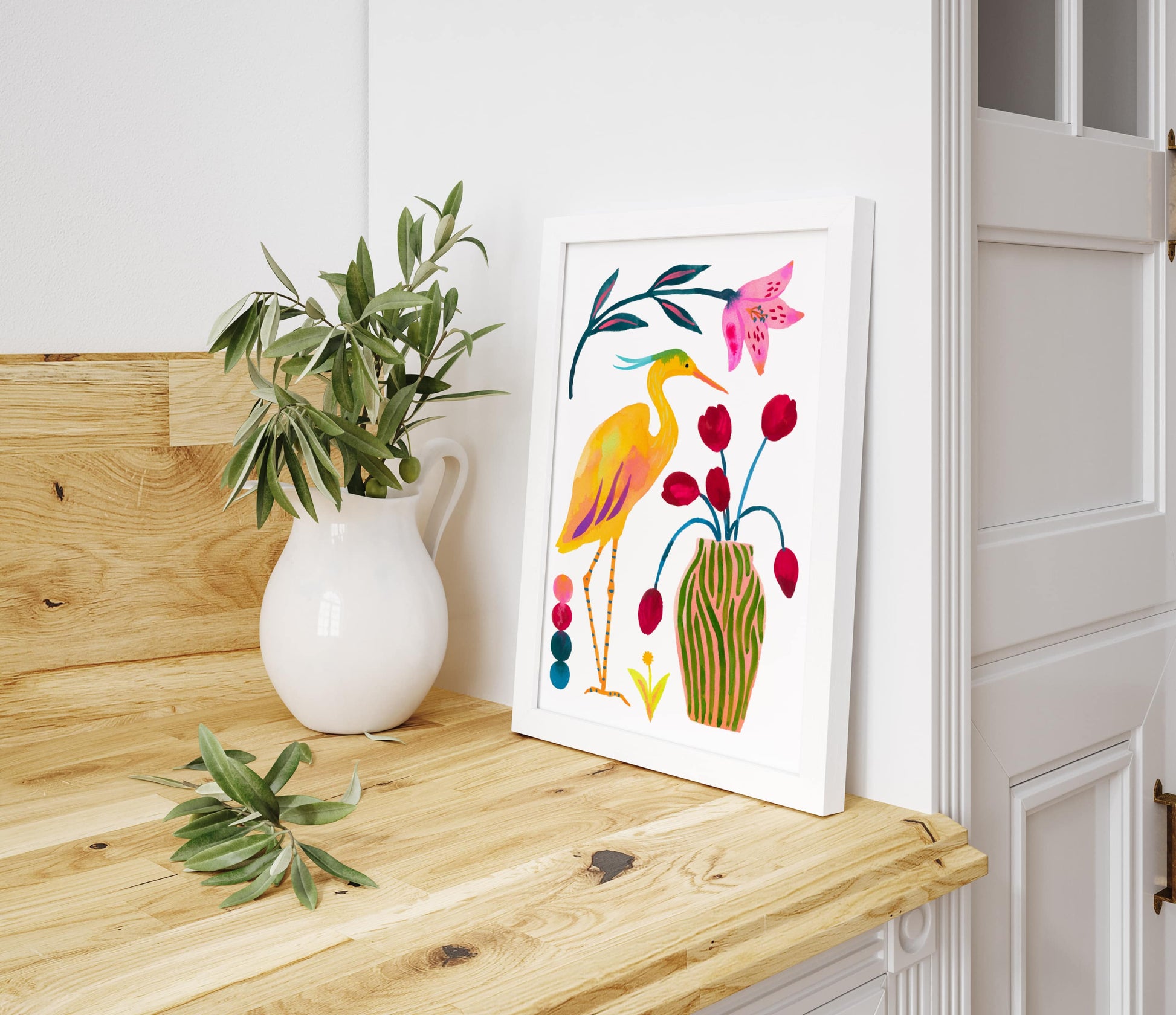 High-quality archival giclée art print by Sun Lee from the "Whispers of Spring" collection, featuring vibrant watercolor and gouache illustration of flowers, birds, and butterflies. Perfect for modern boho, Scandinavian, and nature-inspired homes, as well as eclectic and minimalist spaces. Ideal for nurseries and children's rooms, bringing color, joy, and tranquility to any space.