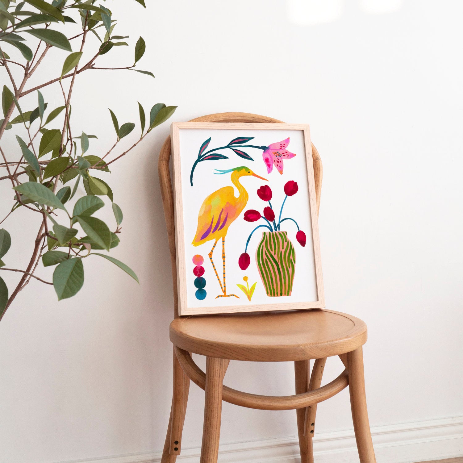 High-quality archival giclée art print by Sun Lee from the "Whispers of Spring" collection, featuring vibrant watercolor and gouache illustration of flowers, birds, and butterflies. Perfect for modern boho, Scandinavian, and nature-inspired homes, as well as eclectic and minimalist spaces. Ideal for nurseries and children's rooms, bringing color, joy, and tranquility to any space.