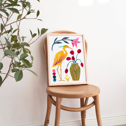 High-quality archival giclée art print by Sun Lee from the "Whispers of Spring" collection, featuring vibrant watercolor and gouache illustration of flowers, birds, and butterflies. Perfect for modern boho, Scandinavian, and nature-inspired homes, as well as eclectic and minimalist spaces. Ideal for nurseries and children's rooms, bringing color, joy, and tranquility to any space.