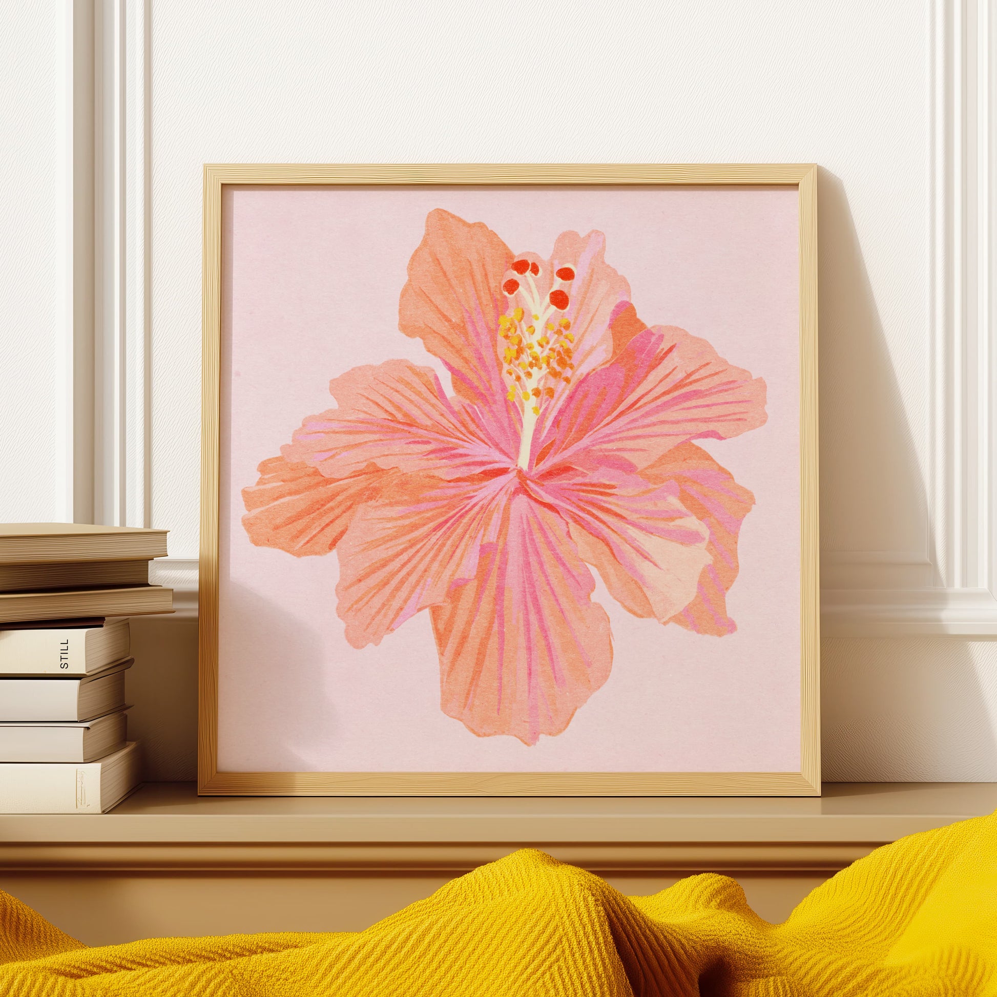 Vibrant illustration of a hibiscus flower inspired by a summer garden – delicate textures and natural elegance in floral art print for nature-inspired home decor