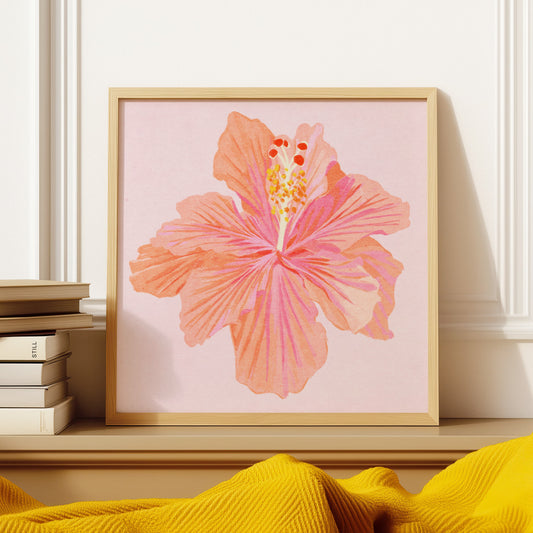 Vibrant illustration of a hibiscus flower inspired by a summer garden – delicate textures and natural elegance in floral art print for nature-inspired home decor