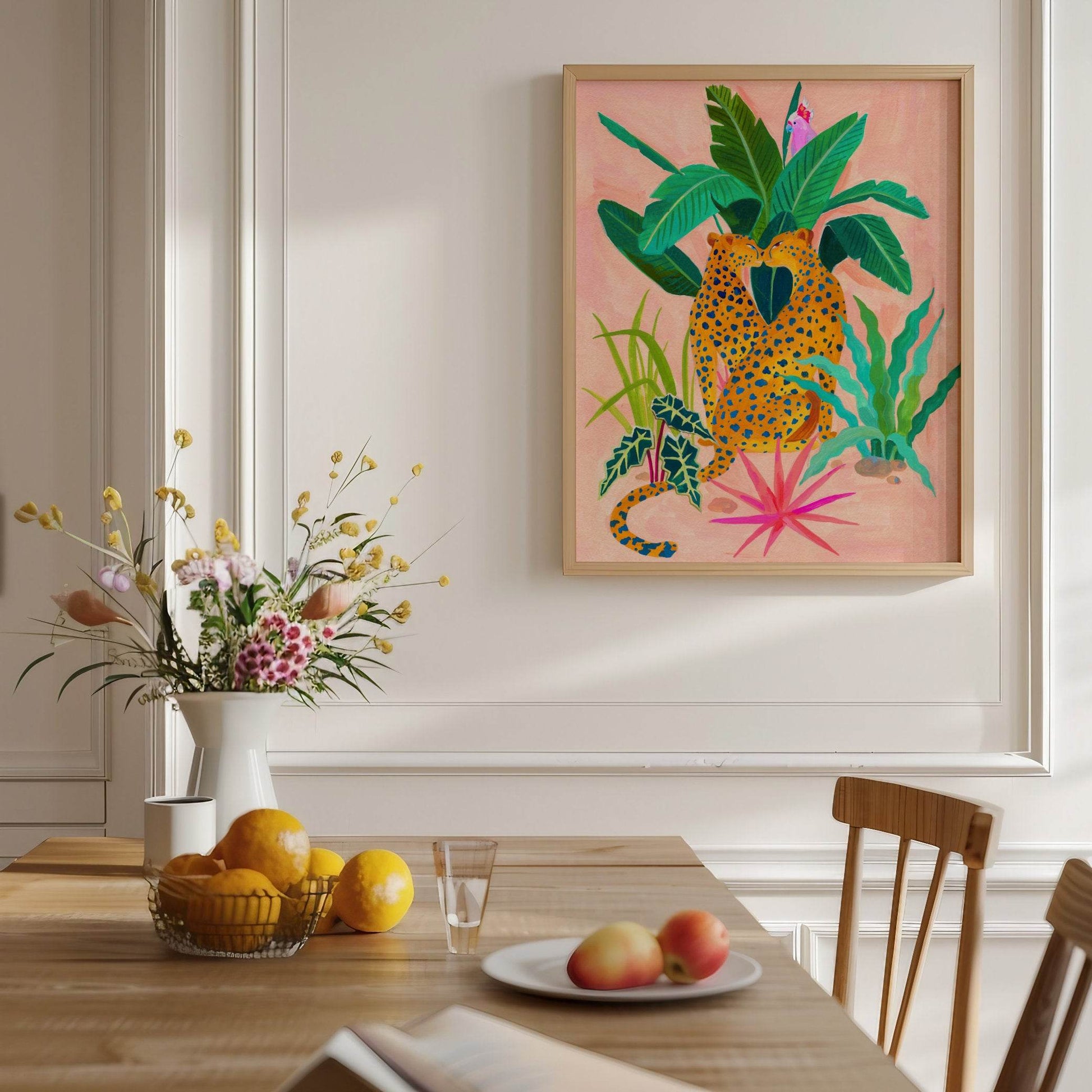 Gouache painting by artist Sun Lee features two cheetahs and tropical flora. A bold, high quality giclée print.