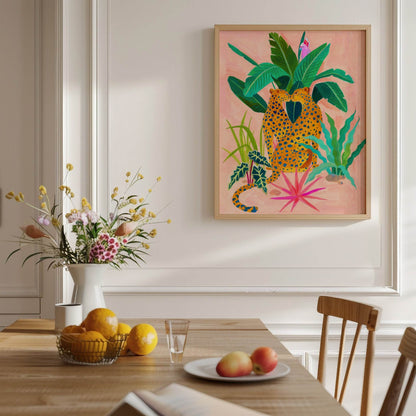 Gouache painting by artist Sun Lee features two cheetahs and tropical flora. A bold, high quality giclée print.