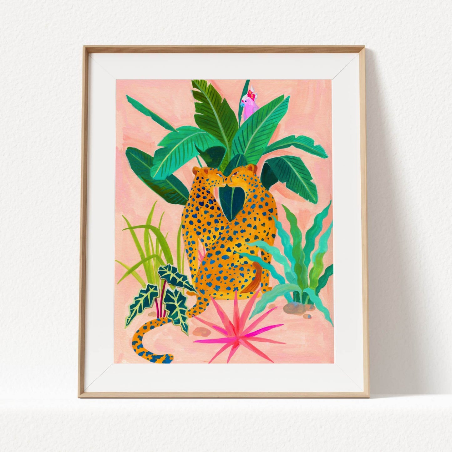 Gouache painting by artist Sun Lee features two cheetahs and tropical flora. A bold, high quality giclée print.