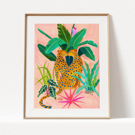Gouache painting by artist Sun Lee features two cheetahs and tropical flora. A bold, high quality giclée print.