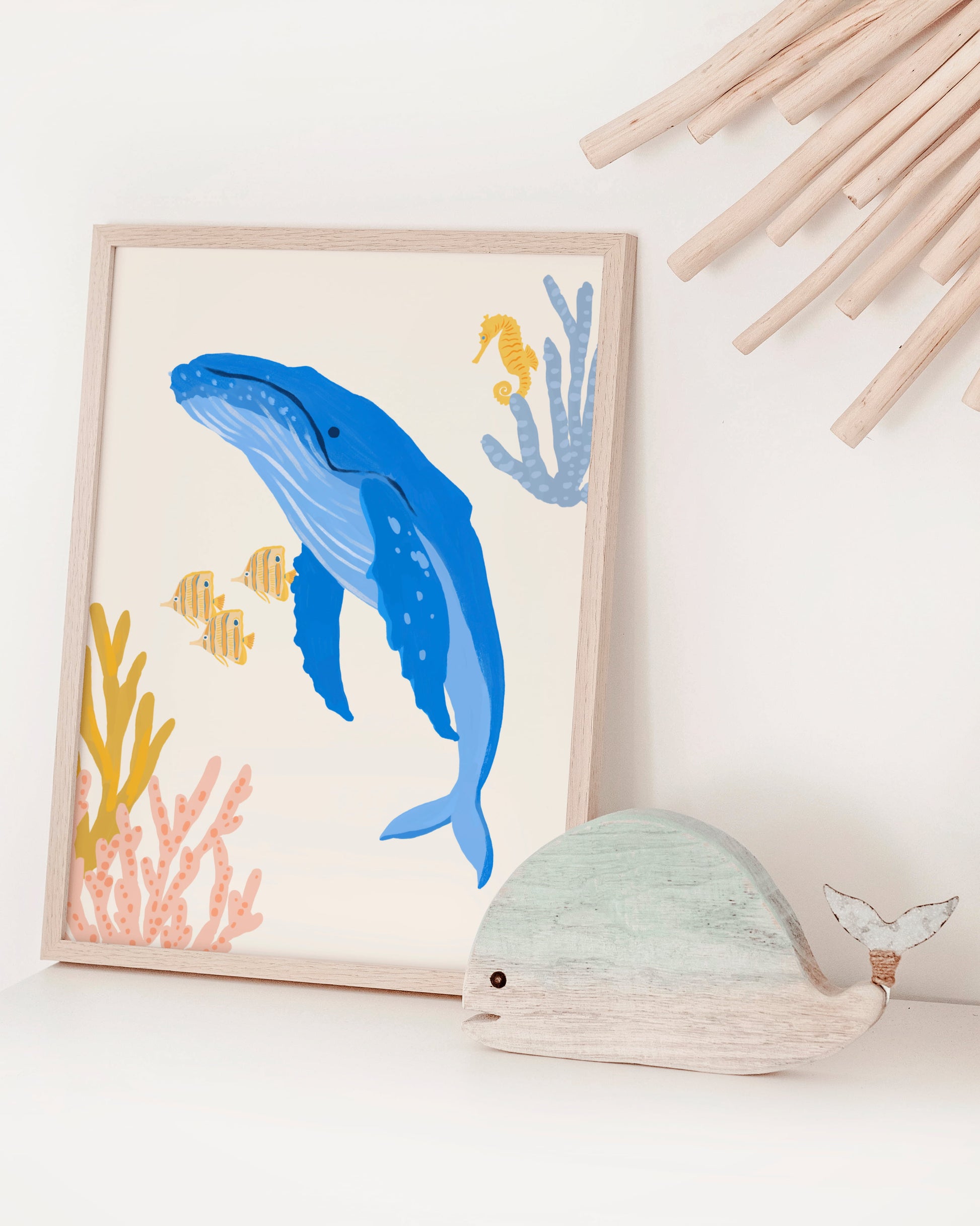 Cute ocean-themed art print for children featuring a gentle humpback whale – perfect for creating a fun and cohesive under-the-sea theme with other sea animal prints