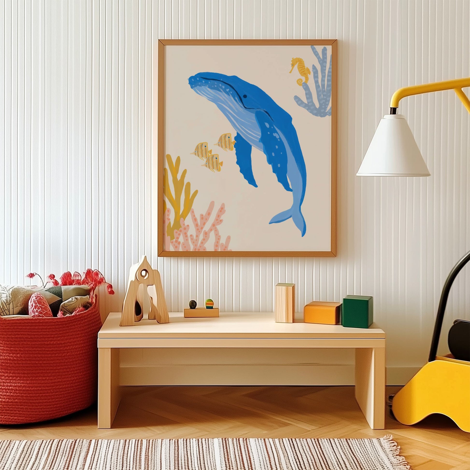 Cute ocean-themed art print for children featuring a gentle humpback whale – perfect for creating a fun and cohesive under-the-sea theme with other sea animal prints