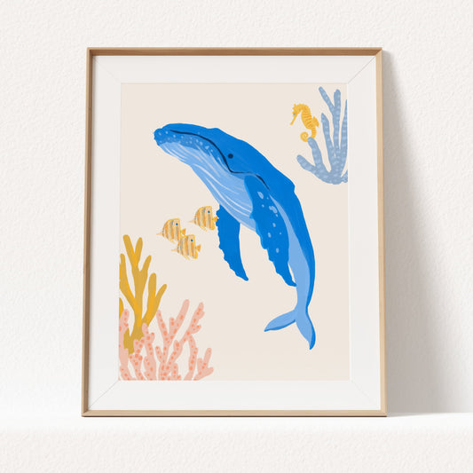 Cute ocean-themed art print for kids featuring a gentle humpback whale – perfect for creating a fun and cohesive under-the-sea theme with other sea animal prints