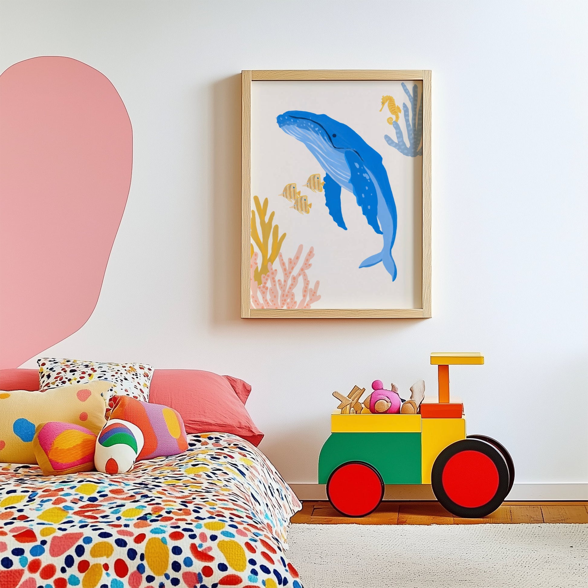 Cute ocean-themed art print for children featuring a gentle humpback whale – perfect for creating a fun and cohesive under-the-sea theme with other sea animal prints