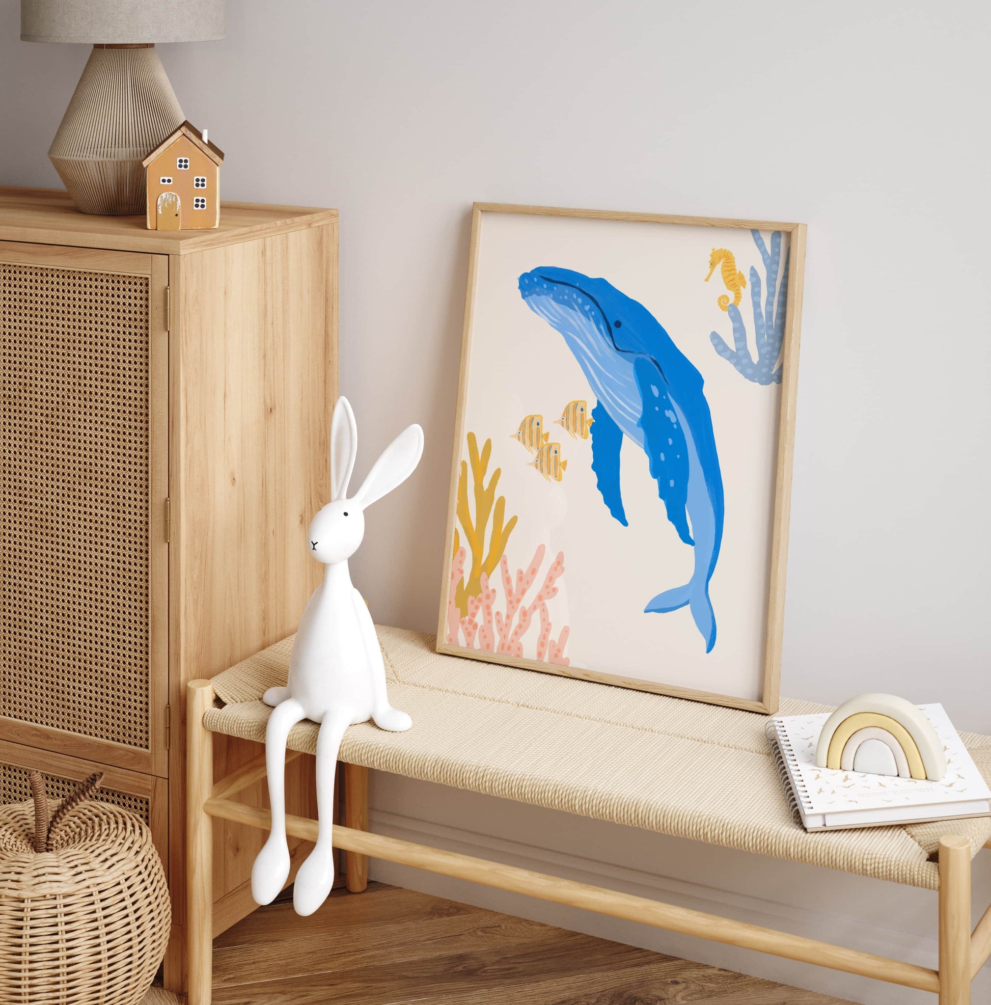 Cute ocean-themed art print for children featuring a gentle humpback whale – perfect for creating a fun and cohesive under-the-sea theme with other sea animal prints