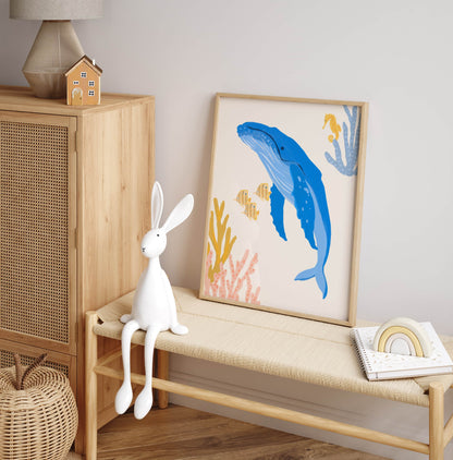 Cute ocean-themed art print for children featuring a gentle humpback whale – perfect for creating a fun and cohesive under-the-sea theme with other sea animal prints
