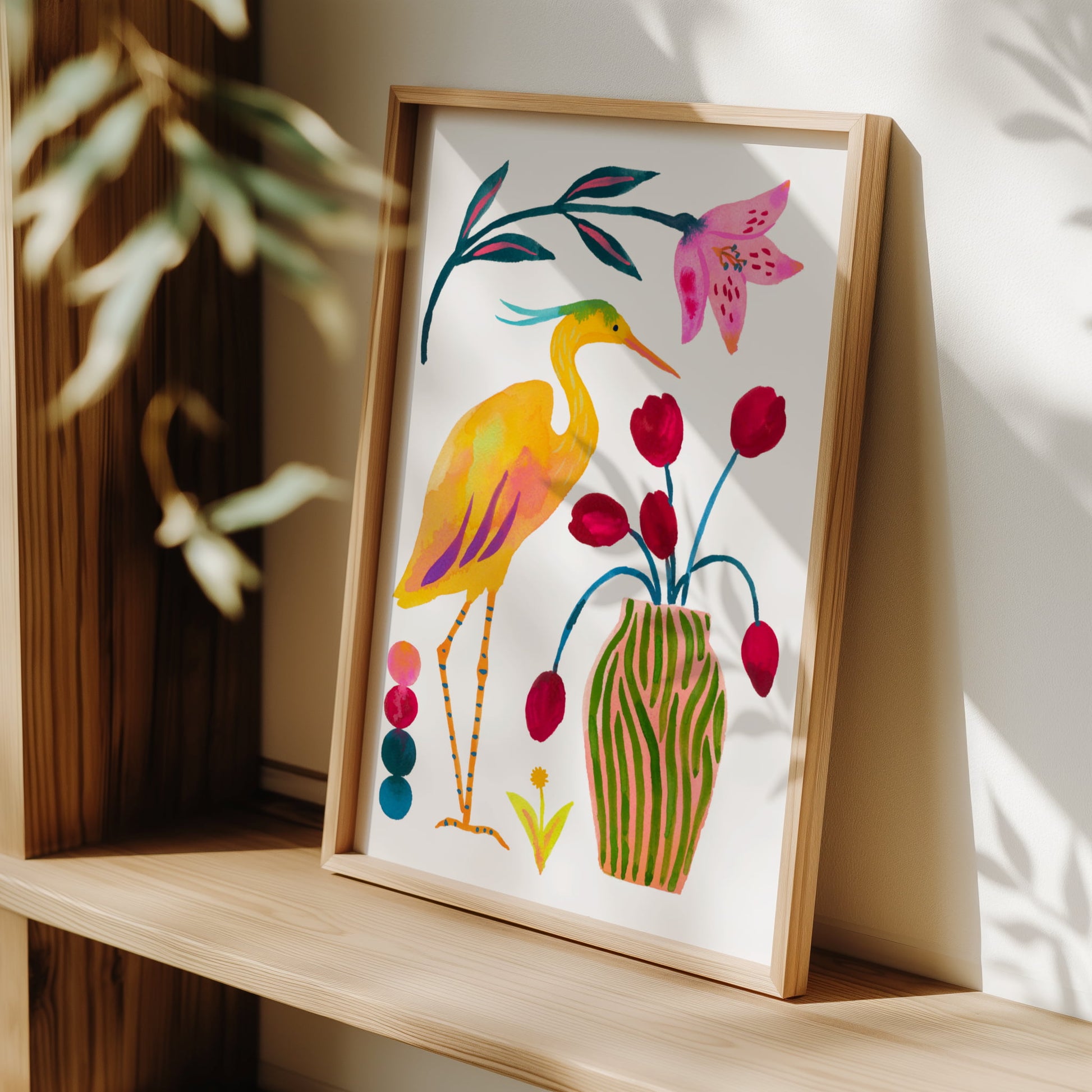 High-quality archival giclée art print by Sun Lee from the "Whispers of Spring" collection, featuring vibrant watercolor and gouache illustration of flowers, birds, and butterflies. Perfect for modern boho, Scandinavian, and nature-inspired homes, as well as eclectic and minimalist spaces. Ideal for nurseries and children's rooms, bringing color, joy, and tranquility to any space.