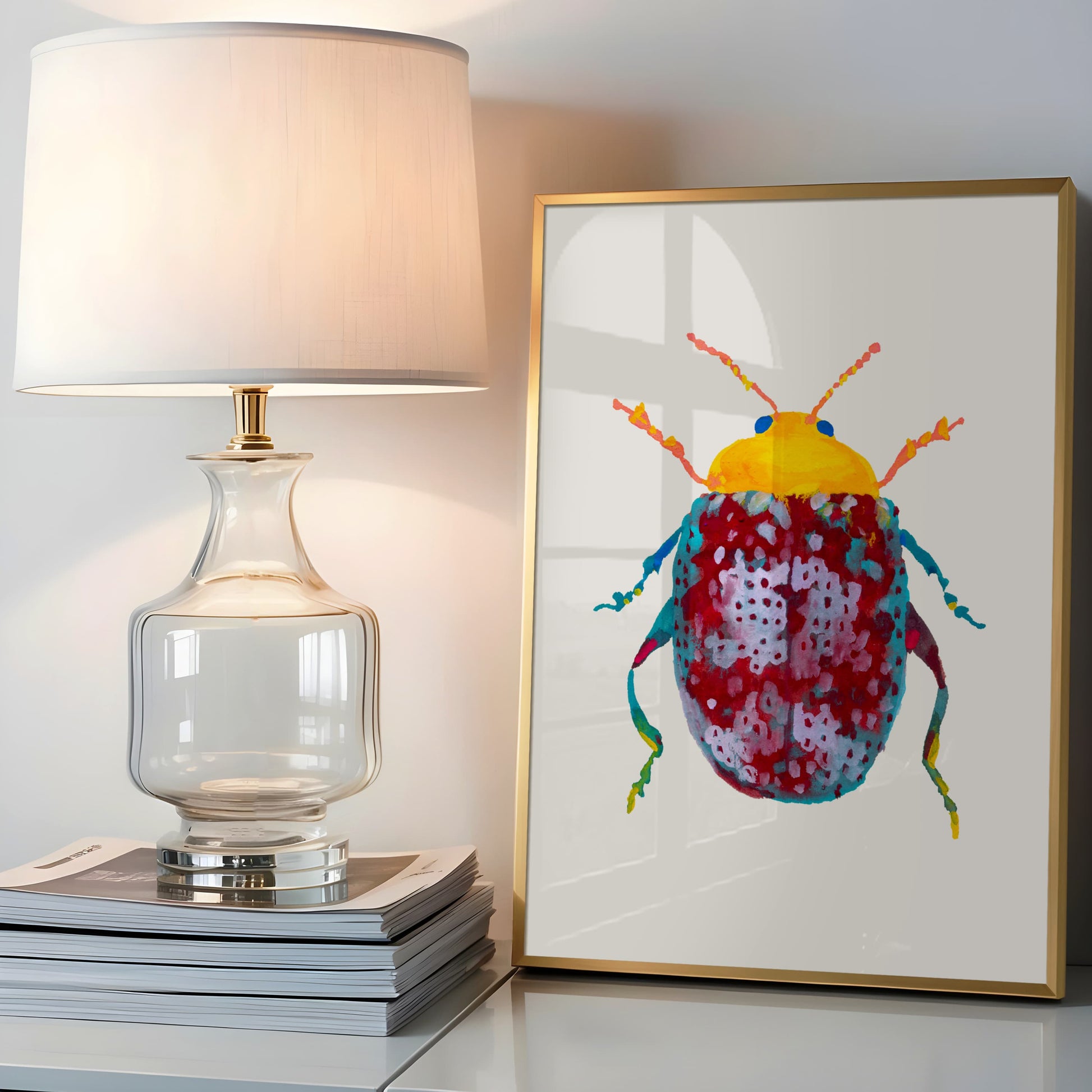 Colorful beetle artwork in a gold frame next to a lamp on a table.