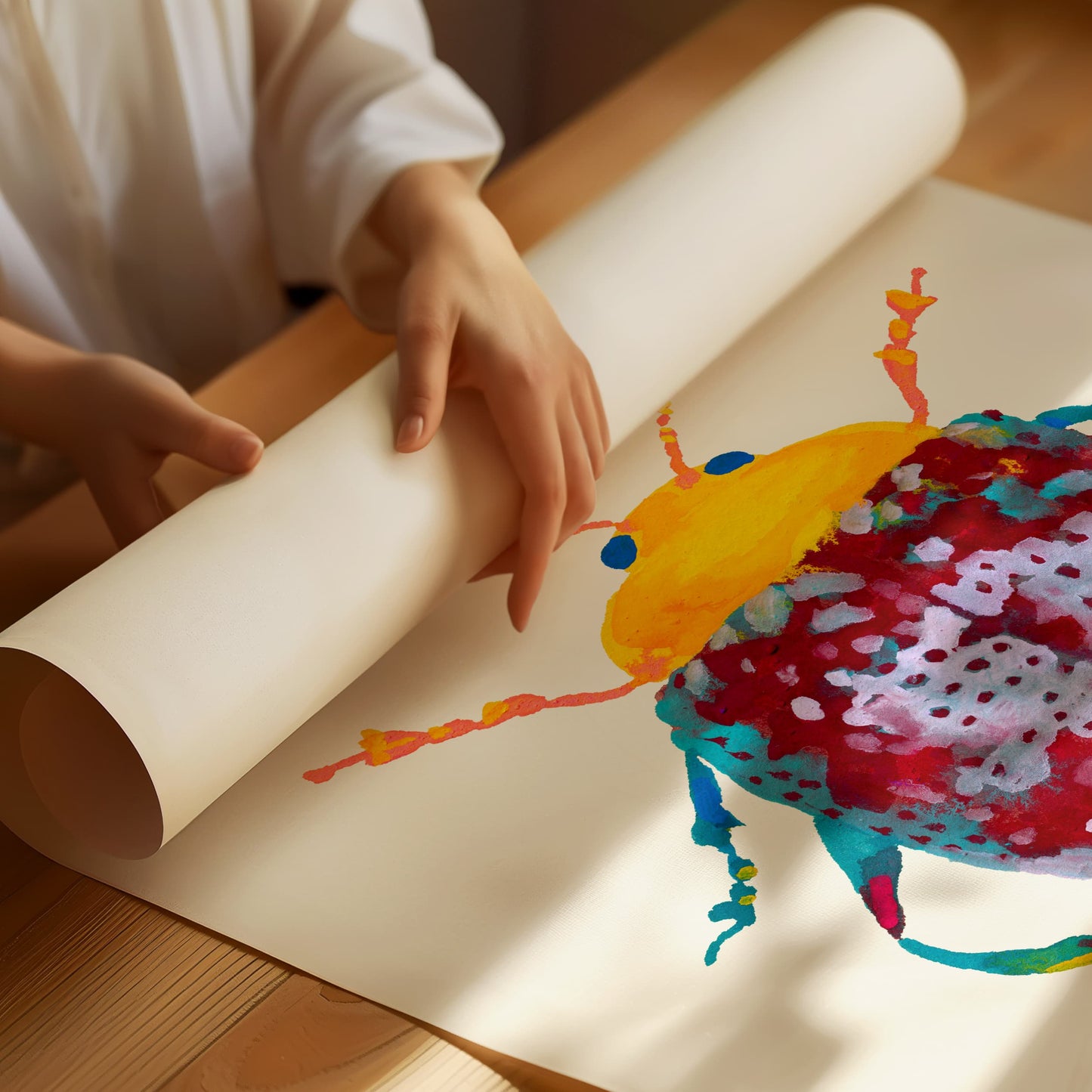 Colorful beetle drawing on a roll of paper with hands unrolling it