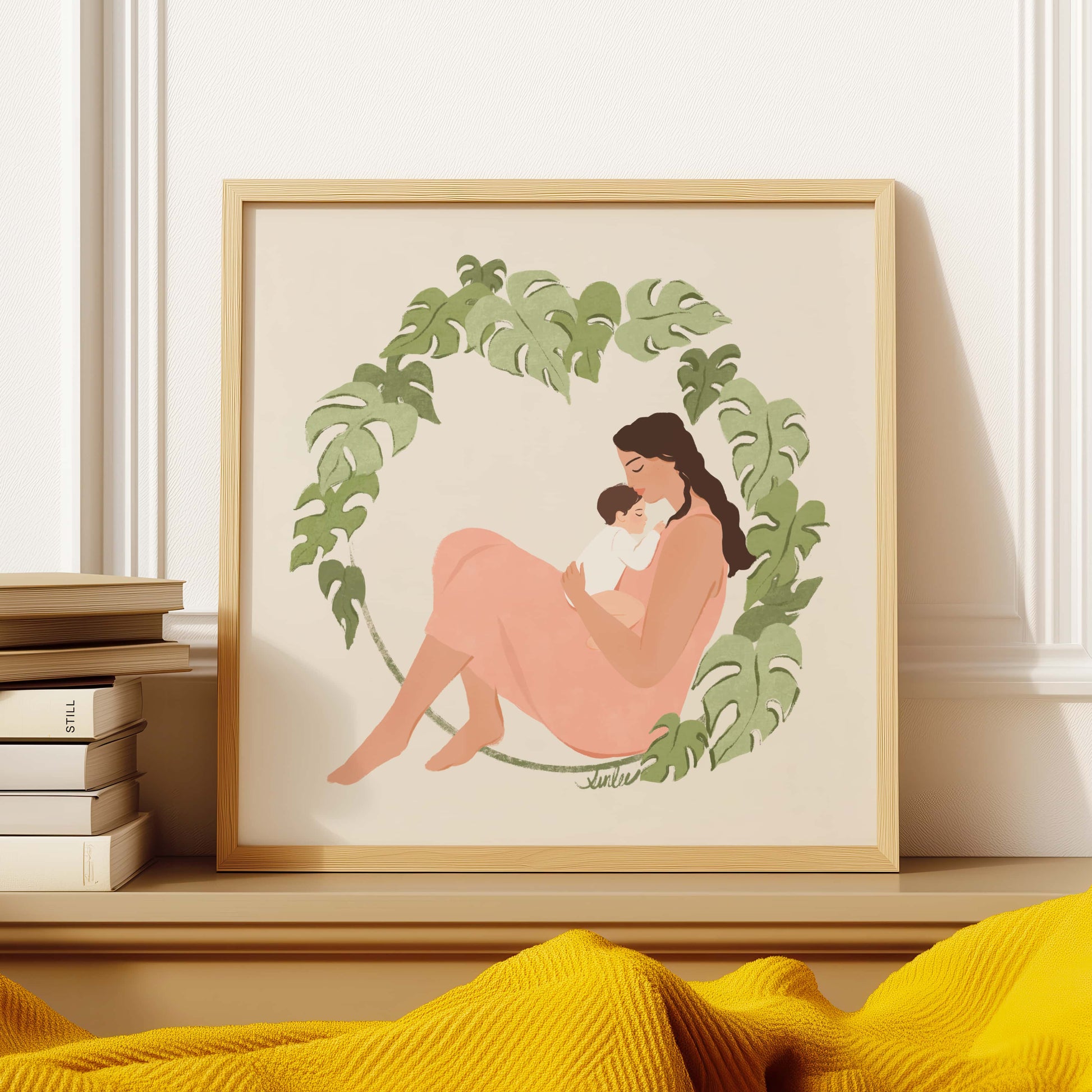 Tender art print of a mother and baby surrounded by lush monstera foliage – serene illustration with soft textures celebrating nurturing and natural beauty