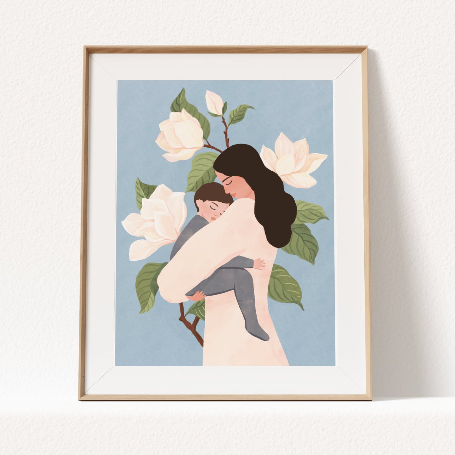 Tender art print of a mother holding her sleeping baby, surrounded by magnolia flowers – a serene and heartfelt illustration celebrating love and connection