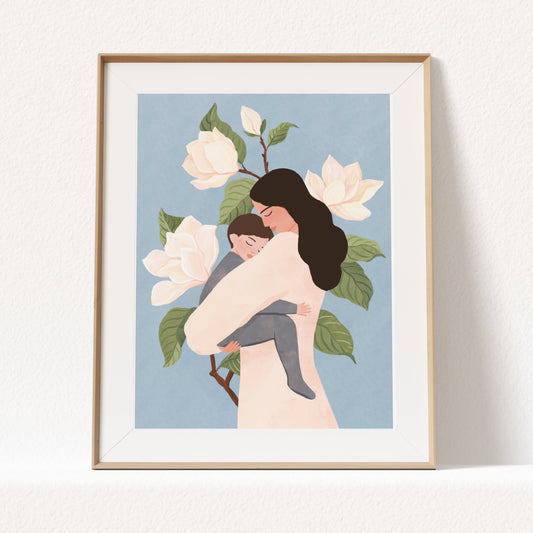 Tender art print of a mother holding her sleeping baby, surrounded by magnolia flowers – a serene and heartfelt illustration celebrating love and connection